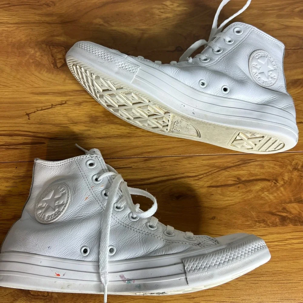 Converse All‎ Star White Leather High Top Sneakers Mens 7.5 Womens 9.5